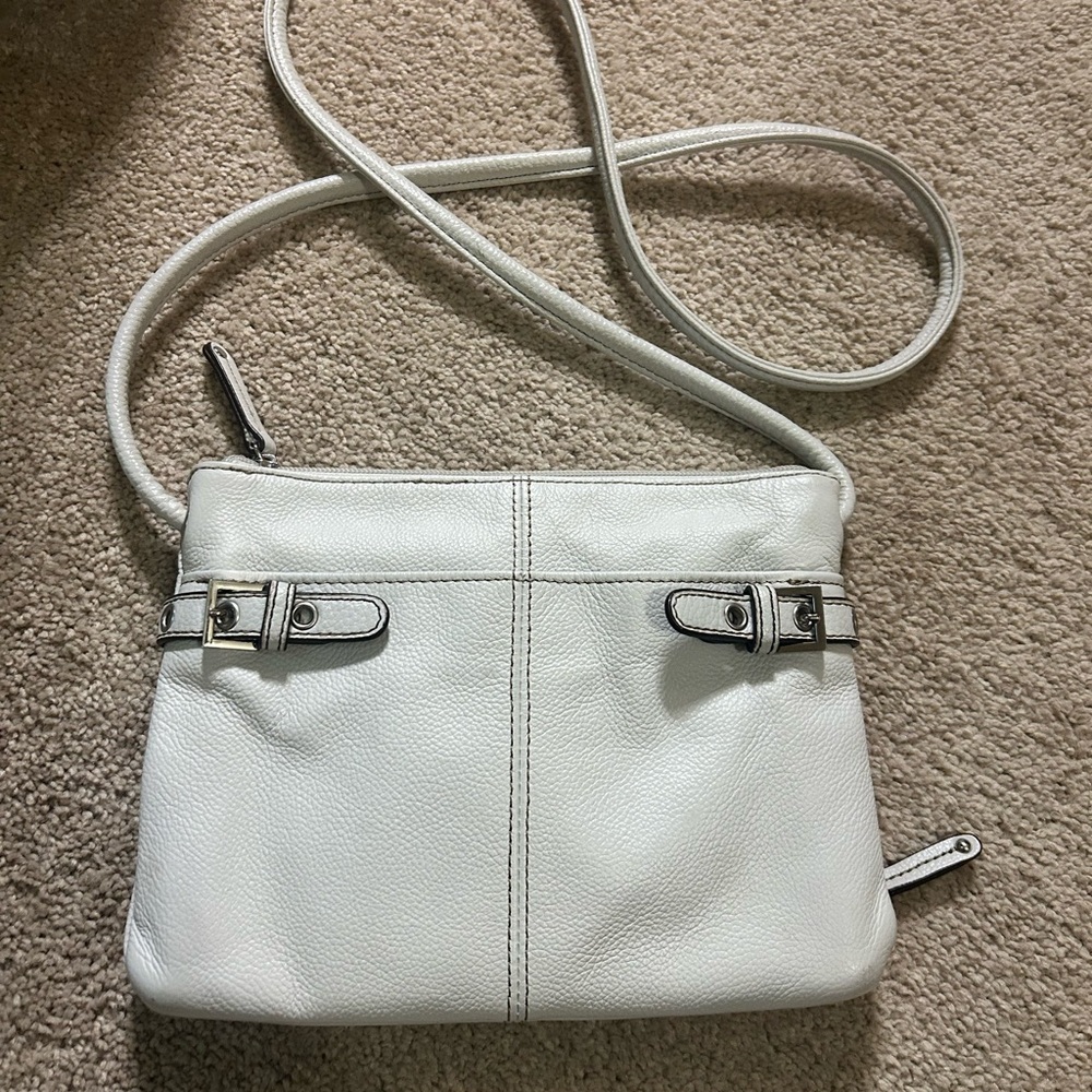 Tignanello White Leather Crossbody with Silver Buckle Detail